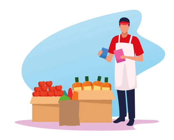 Avatar supermarket pracovník a krabice s potravinami — Stockový vektor
