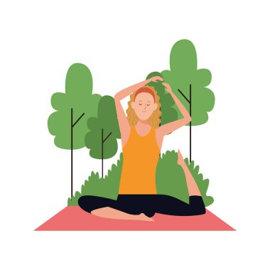 Çizgi filmdeki kadın dışarıda yoga yapıyor, düz tasarım.
