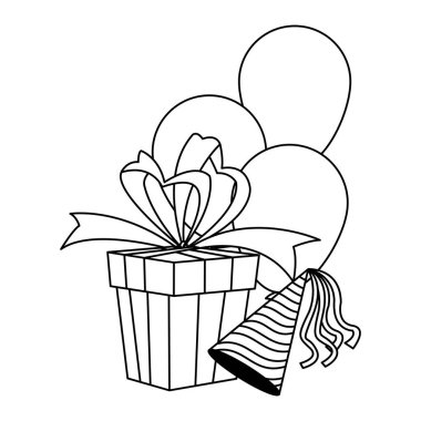 Balonlu hediye kutusu ve parti şapkası, düz tasarım.