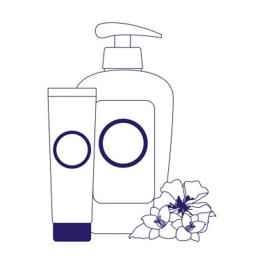 Tropikal çiçekler, güneş kremi şişeleri, düz tasarım.