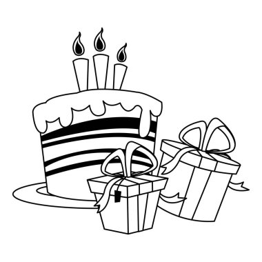 Hediye kutuları ve doğum günü pastaları simgesi, düz tasarım