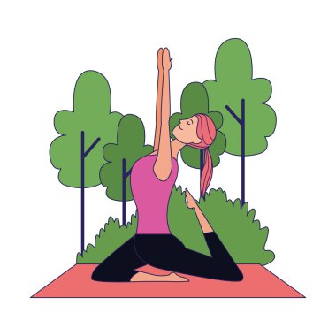 Çizgi filmdeki kadın dışarıda yoga savaşçısı pozu veriyor, düz tasarım.