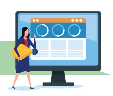 Avatar iş kadını elinde bir ampul ve bilgisayar tutuyor.