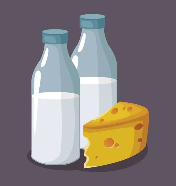 Молочные бутылки и кусочек сыра — стоковый вектор