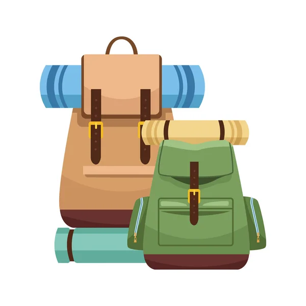 Camping backpacks with sleeping bags icon — 스톡 벡터