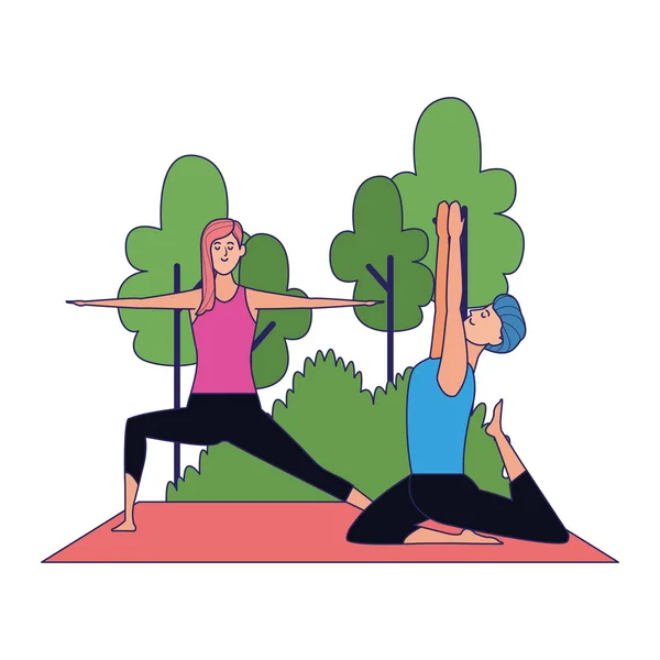 Young man and woman practicing yoga at outdoors — 스톡 벡터