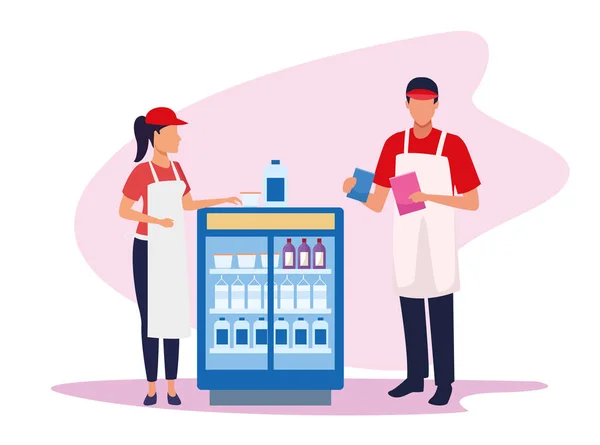 Avatar supermarkt werknemers naast dranken koelkast — Stockvector