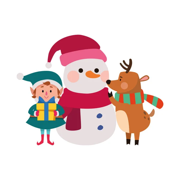 Christmas elf and deer with snowman icon, flat design — 스톡 벡터