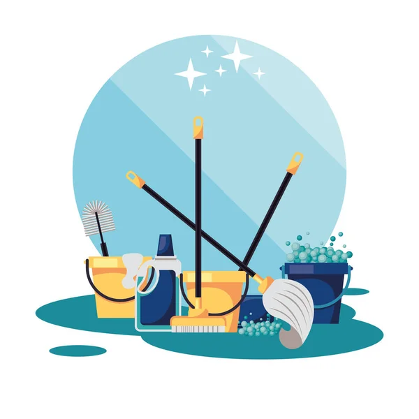 Housekepping buckets and tools with bottle — Stock Vector