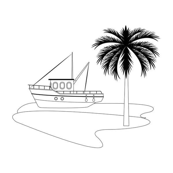 Fishing boat at the sea with palms, flat design — Stock Vector