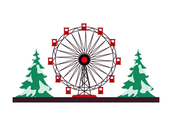 Panoramic wheel attraction with pines trees — 스톡 벡터