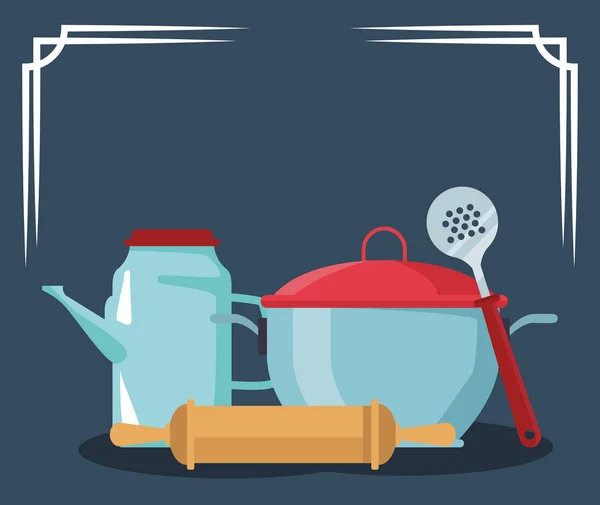 Κατσαρόλα με τσαγιέρα και σκεύη κουζίνας — Διανυσματικό Αρχείο