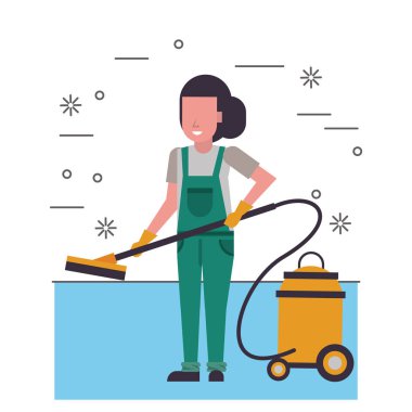 Elektrik süpürgesiyle temizlikçi kadın.