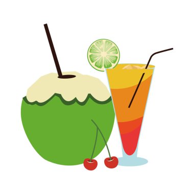 gündoğumu kokteyli ve hindistan cevizi içeceği, düz tasarım.