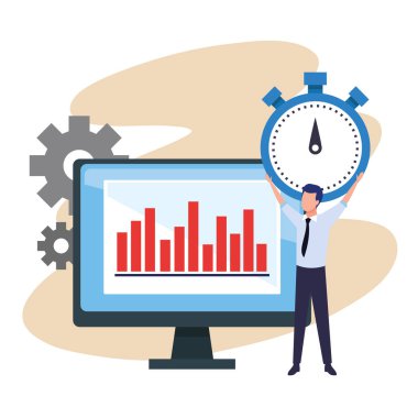 bilgisayar ve avatar işadamı kronometre ve dişli tekerlek tutuyor