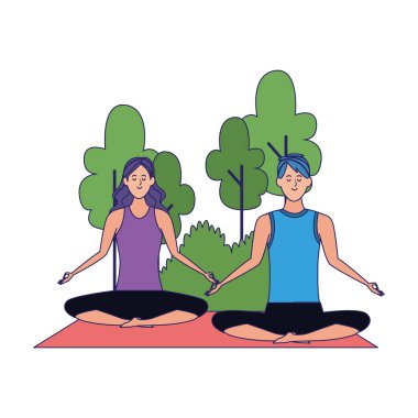 Karikatür adamı ve kadın yoga nilüfer pozu veriyorlar.