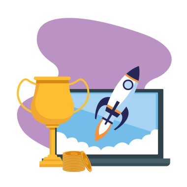 roket ve kupa ile dizüstü bilgisayar