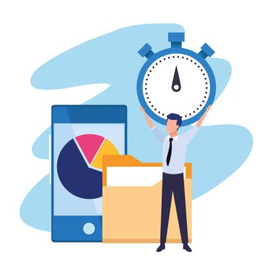 Avatar işadamı elinde kronometre, akıllı telefon ve klasör tutuyor