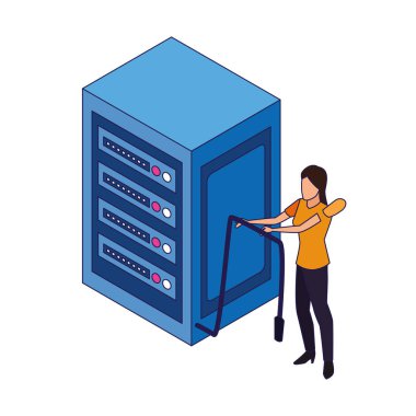 veri merkezi sunucusu ve bir kablo simgesi tutan kadın
