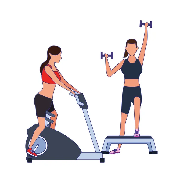 Mulheres avatar exercitar e levantar halteres ícone —  Vetores de Stock