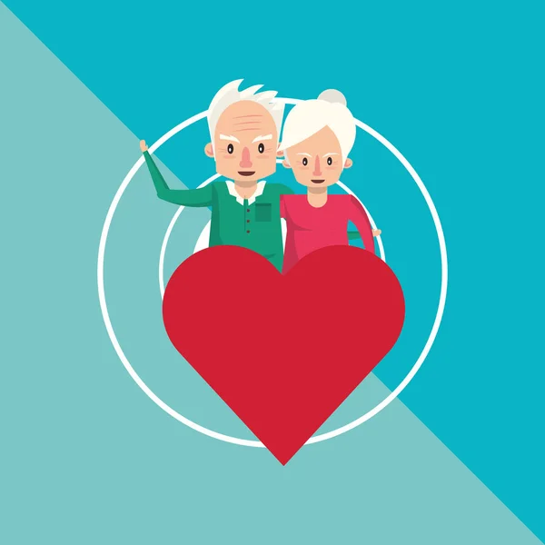 Lindos abuelos pareja amantes con corazón — Vector de stock