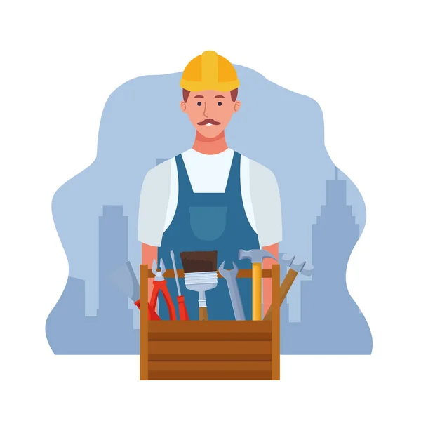 Καρτούν επισκευής άνθρωπος και εργαλεία κουτί, πολύχρωμο σχεδιασμό — Διανυσματικό Αρχείο