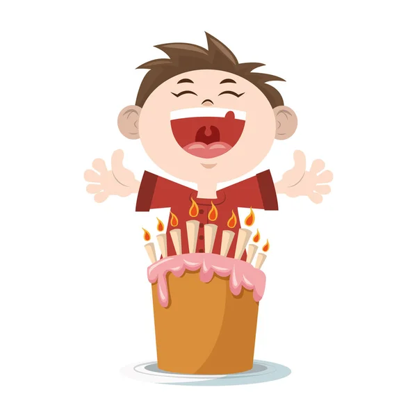 Happy boy met verjaardagstaart, kleurrijk ontwerp — Stockvector