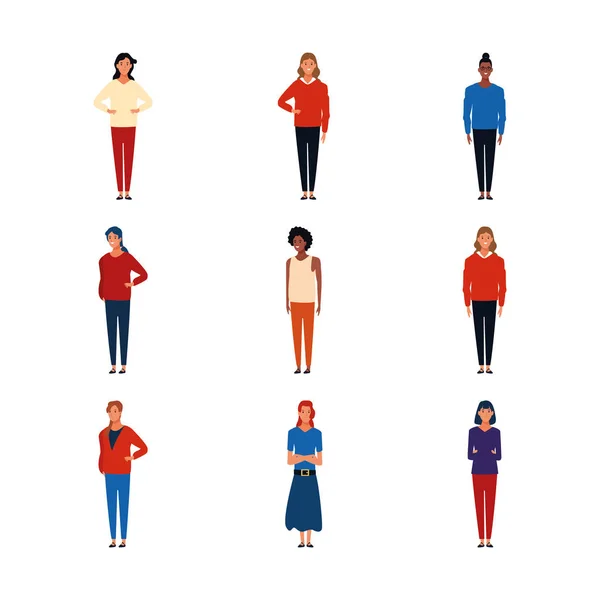 Icon set of women standing wearing casual clothes, colorful design — Stock Vector