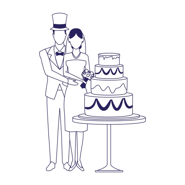 Coppia sposata in piedi intorno all'icona torta nuziale, design piatto — Vettoriale Stock