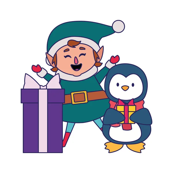 Weihnachtselfe und süßer Pinguin mit Geschenkbox — Stockvektor