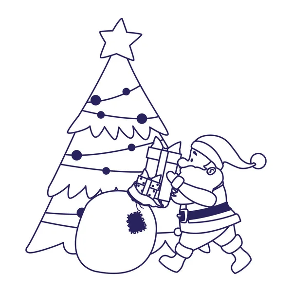 Árvore de natal e Papai Noel com o saco de presentes — Vetor de Stock