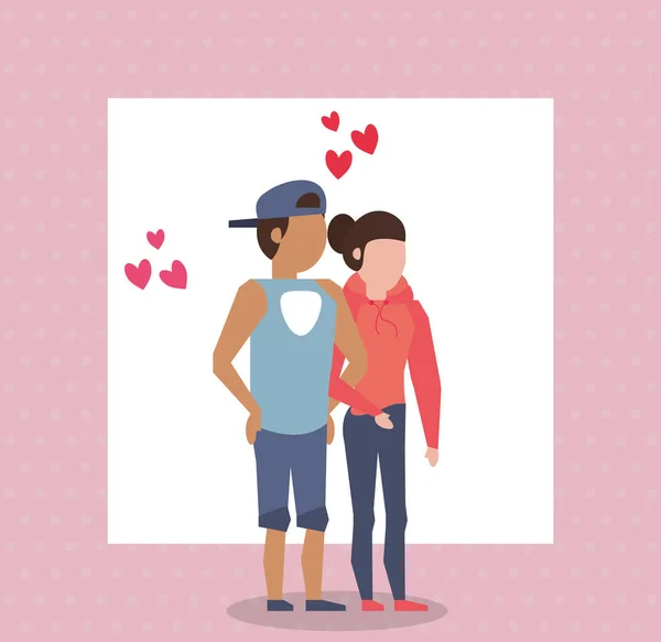 Amoureux mignons couples personnages avec des cœurs amour — Image vectorielle