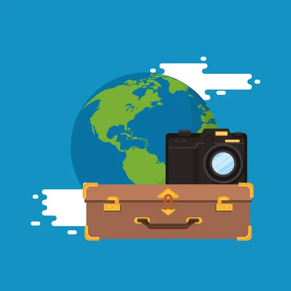 World Travel scene with earth planet and icons — стоковый вектор