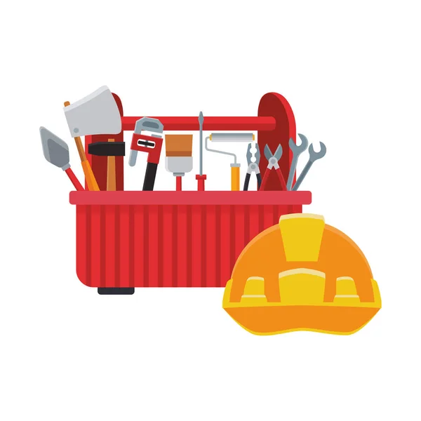 Boîte à outils avec outils et icône de casque de sécurité, design coloré — Image vectorielle