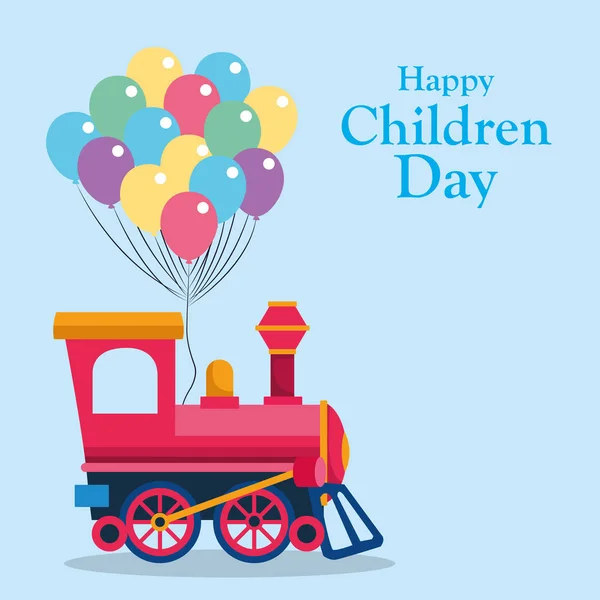 Fröhlicher Kindertag mit leerer Zugkabine und bunten Luftballons — Stockvektor