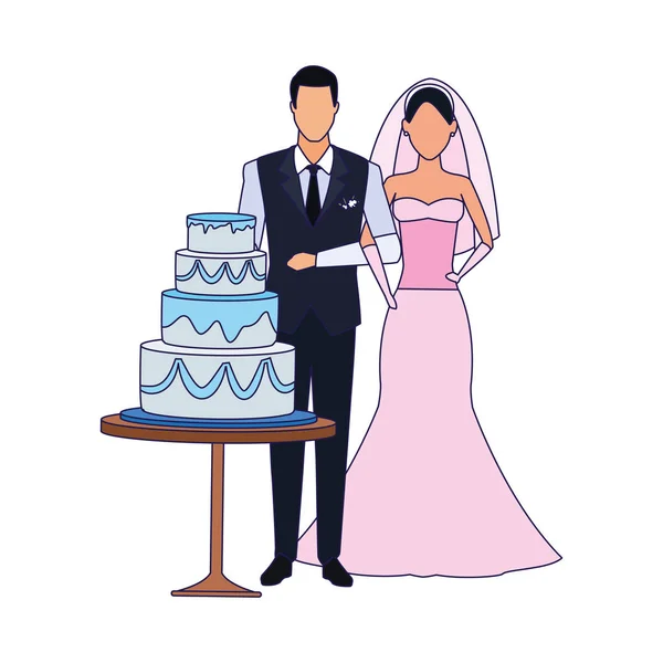 Avatar marié et mariée autour du gâteau de mariage, design plat — Image vectorielle