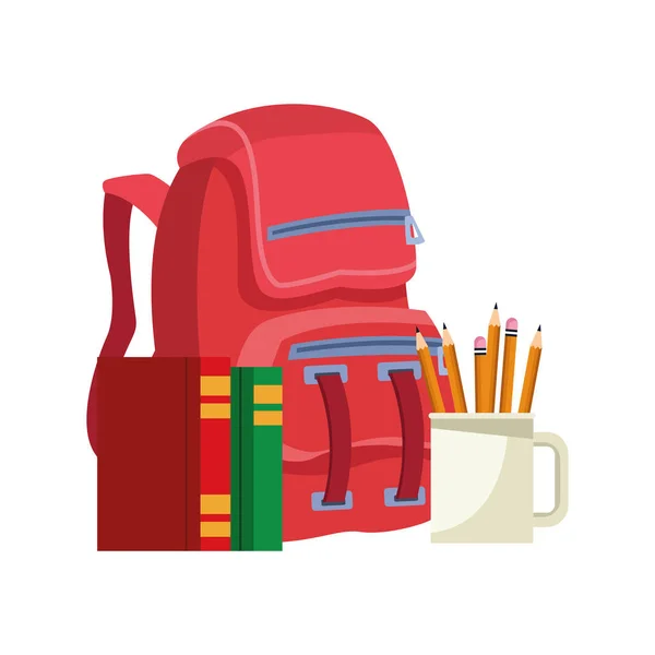Skola ryggsäck med böcker och muggar med pennor, färgglad design — Stock vektor