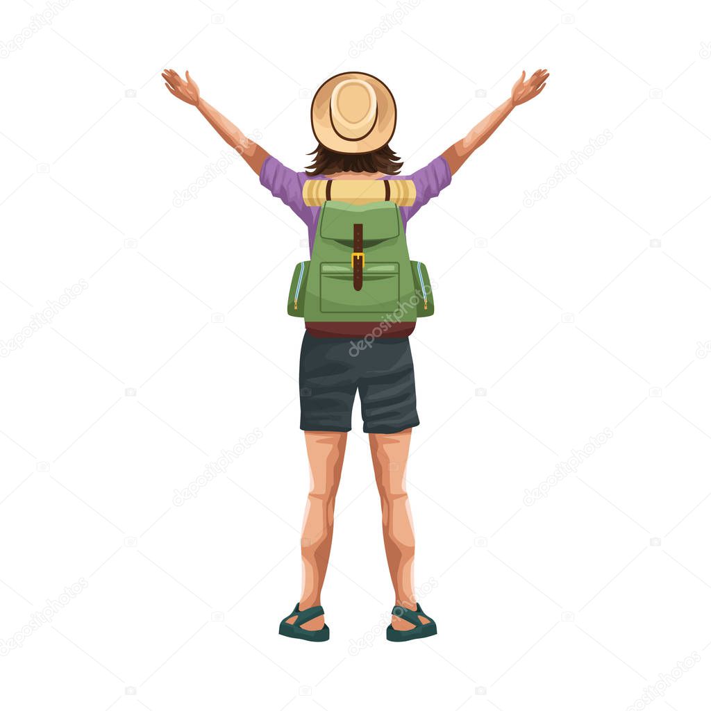woman back with arms up and backpack icon, flat design