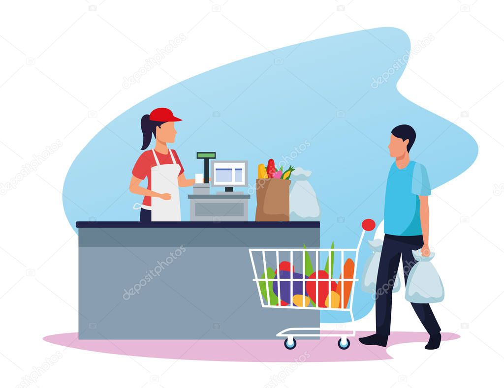 avatar supermarket worker at cash register and customer with a supermarket car full of groceries