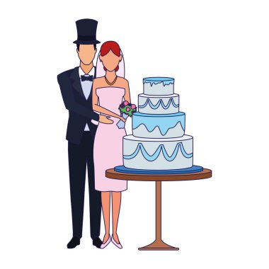 Düğün pastası ikonu etrafında duran evli çift, düz tasarım.