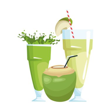 Yeşil meyve suyu bardakları ve hindistan cevizi içeceği