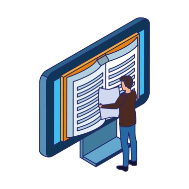 Adam ekranda kitabı olan bir bilgisayarı işaret ediyor