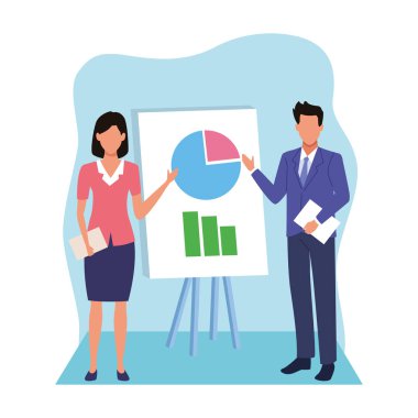 Grafik çizelgeleri olan Avatar iş kadını ve iş adamı