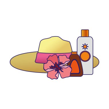 Plaj şapkası çiçek ve güneş bronzlaştırıcı şişeler, renkli tasarım.