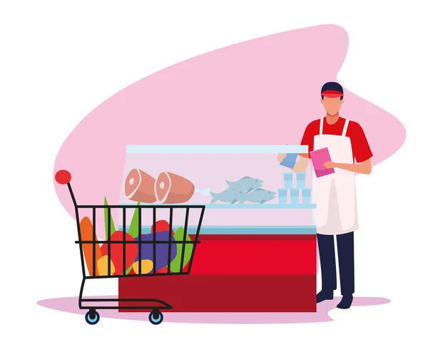 Supermarket pracovník v masové ledničce a supermarket auto — Stockový vektor