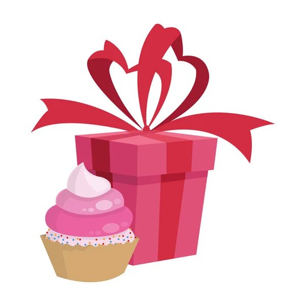 Γλυκό εικονίδιο cupcake και κουτί δώρου, πολύχρωμο σχεδιασμό — Διανυσματικό Αρχείο
