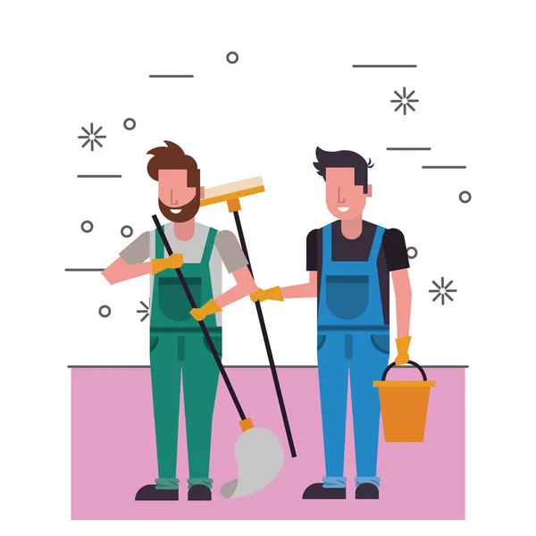 Housekepping pekerja laki-laki dengan karakter peralatan - Stok Vektor