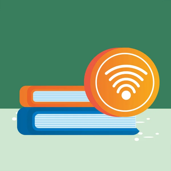 Bouton de signal de connexion wifi avec livres — Image vectorielle