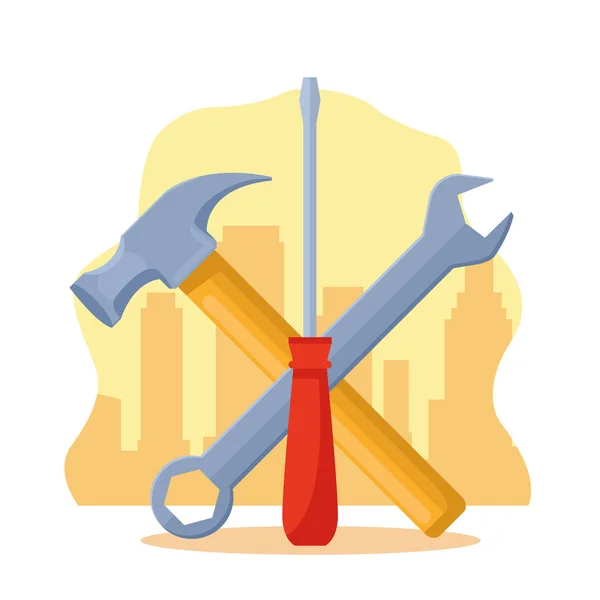 Hammer with wrench and screwdriver, colorful design — 스톡 벡터