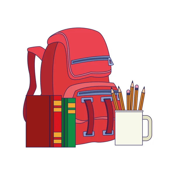 Mochila escolar con libros y tazas con lápices, diseño colorido — Archivo Imágenes Vectoriales